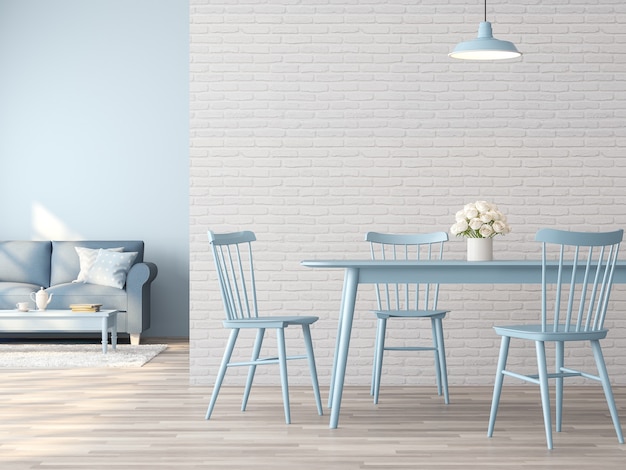 Vintage dining and living room interior with white brick wall and blue furniture 3d render