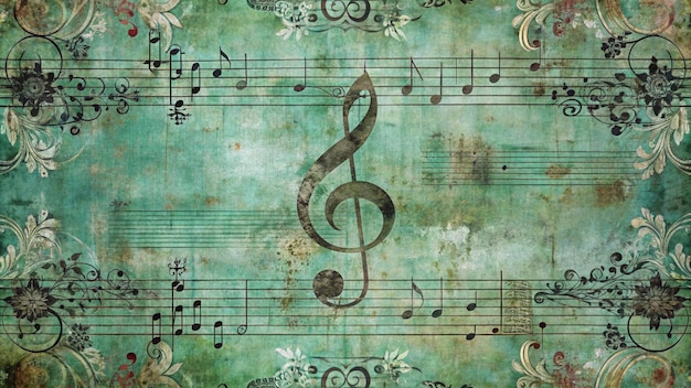 A vintage distressed background featuring a treble clef and musical notes with a green and brown color scheme