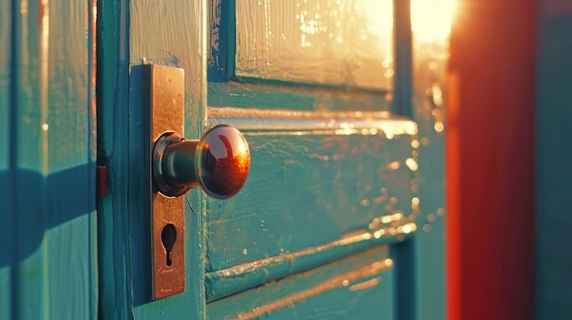 Vintage Door Knob on a Sunny Day The warm sunlight catches a vintage polished door knob on a textured turquoise door hinting at the welcome of a cozy home