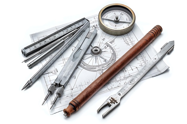 Photo vintage drafting tools and compass on blueprint