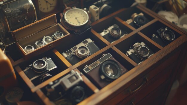 Photo a vintage drawer neatly organizes an array of classic cameras and lenses evoking a sense of nostalgia and the timeless art of photography