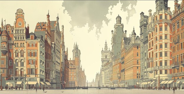 Vintage drawing of an ornate European city street