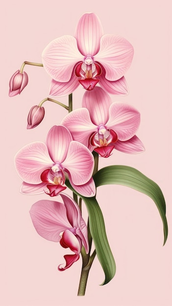 Vintage drawing pink orchid flower plant inflorescence