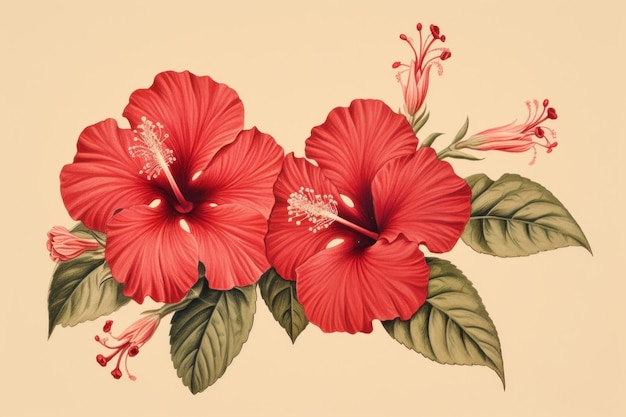 Vintage drawing red hibiscus flower pattern sketch