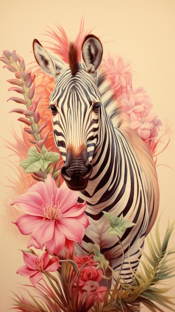 Vintage drawing zebra flower wildlife pattern