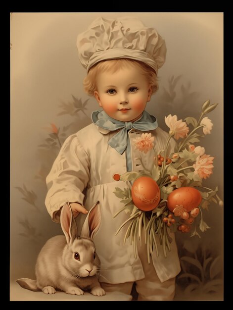 Vintage Easter card 19001920 Cute baby with Easter accessories Happy Easter High resolution