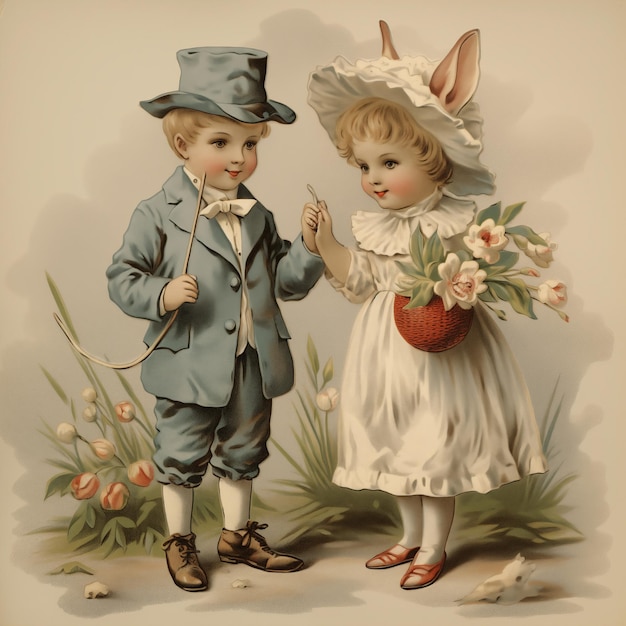 Vintage Easter card 19001920 Cute children with Easter accessories Happy Easter High resolution