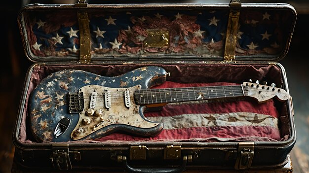 Photo vintage electric guitar with american flag design in a worn leather case