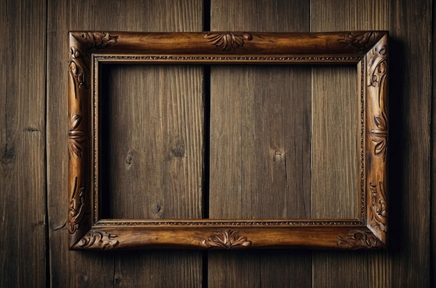 Vintage Empty Picture Frame Against Wooden Wall