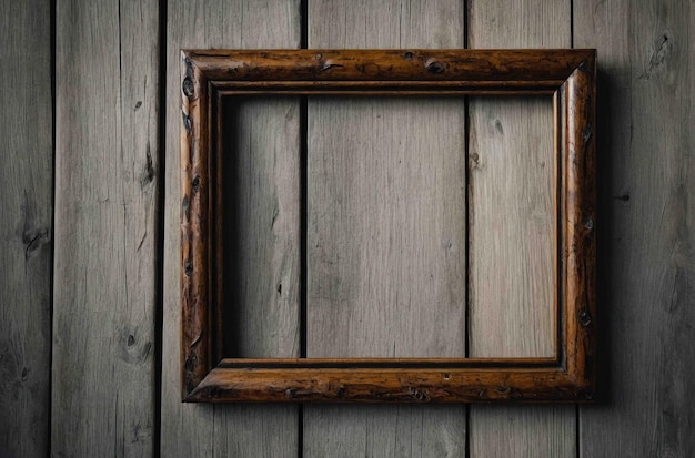 Vintage Empty Picture Frame Against Wooden Wall