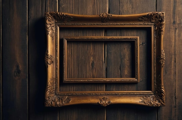 Vintage Empty Picture Frame Against Wooden Wall