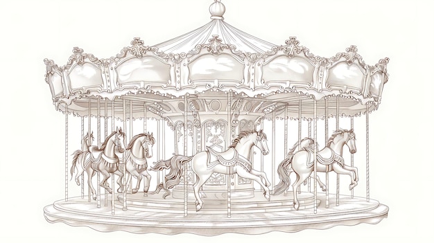 Vintage engraving drawing of a beautiful carousel The carousel is decorated with intricate details and features several horses