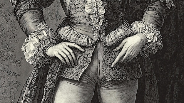 Photo a vintage engraving of a renaissance nobleman in a velvet doublet and hose showcasing the elaborate fashion of the era