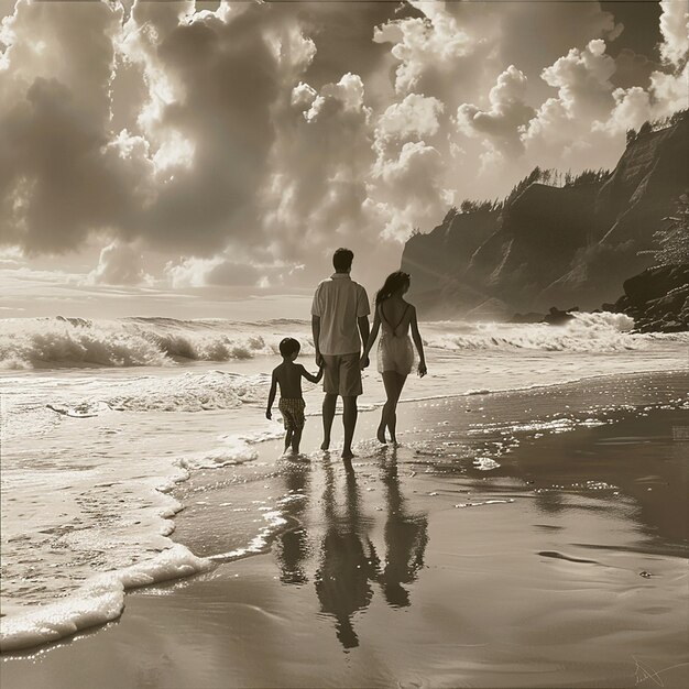 Vintage Family Beach Photo Illustration in Ansel Adams Style