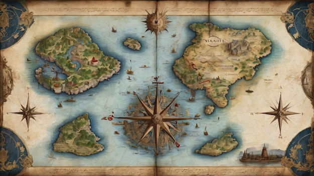 Vintage fantasy map with islands and ships