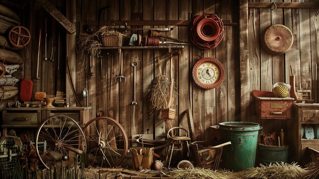 Vintage Farm Tools and Rustic Equipment in Historic Barn