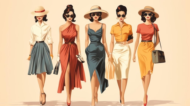 Vintage fashion flat design front view classic theme cartoon drawing colored pastel