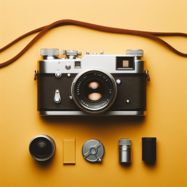 Photo a vintage film camera on a plain mustard yellow