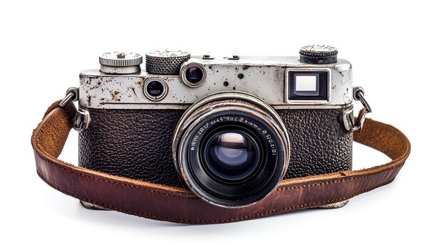 Vintage film camera with brown leather strap