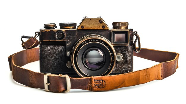 Vintage film camera with leather strap isolated on white background