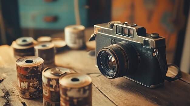 Photo a vintage film camera on a wooden table with rolls of film