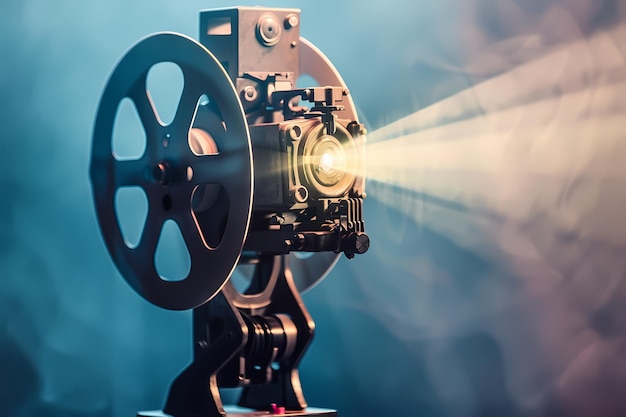 A vintage film projector casting a flickering light on a white wall with a single spool of film besi