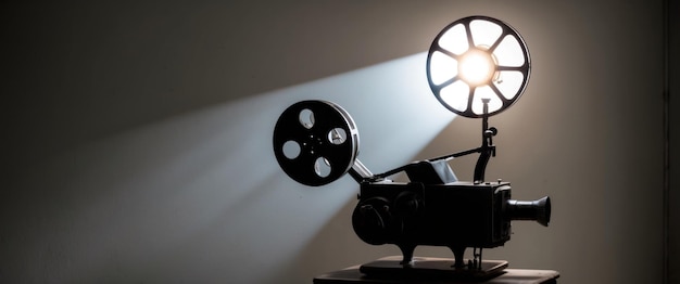 Photo vintage film projector casting light creating a nostalgic cinematic atmosphere