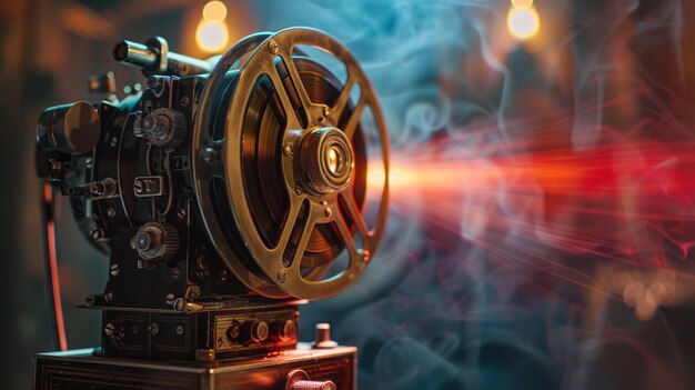 Photo vintage film projector casting a warm glow capturing the nostalgia of classic cinema