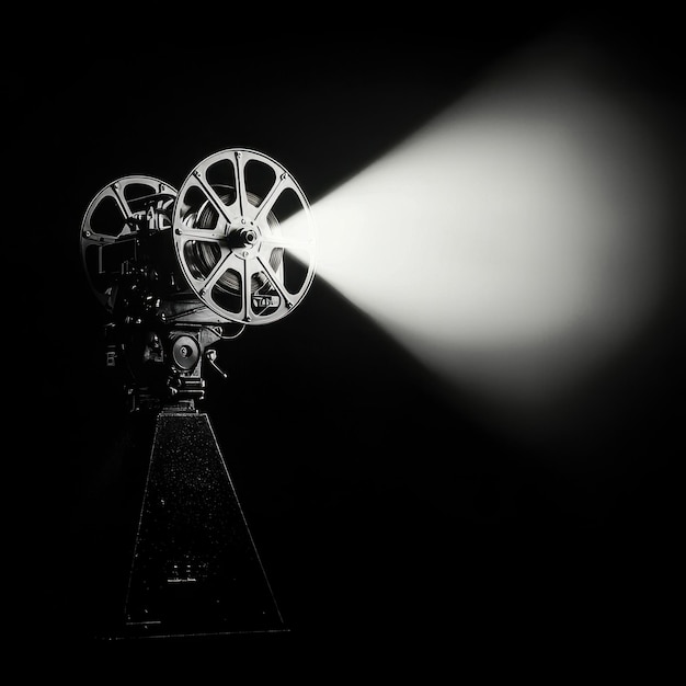 Vintage Film Projector Shining Light on Black Background