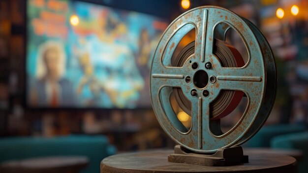 Photo vintage film reel in retro cinema ambiance with blurred movie poster background