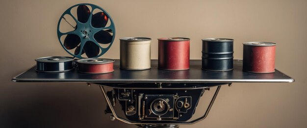 Photo vintage film reels and canisters on a cinema projector create a nostalgic atmosphere