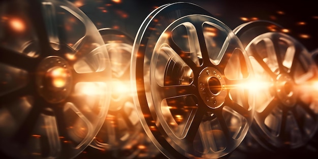 Vintage Film Reels in Cinematic Light A CloseUp with a Retro Cinema Aesthetic Concept Vintage Film Reels Cinematic Light CloseUp Retro Cinema Aesthetic