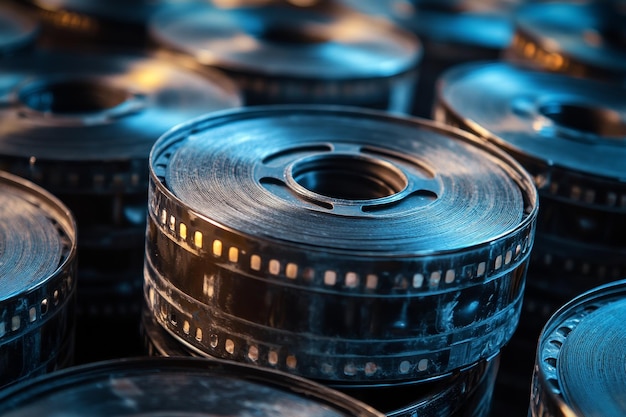 Photo vintage film reels stacked in a dusty archive