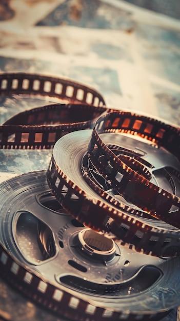 Vintage film reels stacked on a table illustrating retro cinema historyN vertical photo