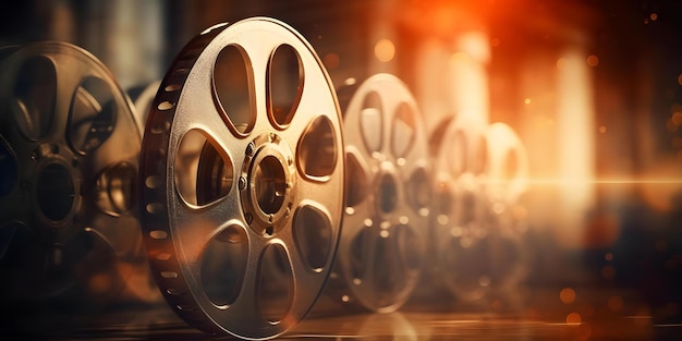 Vintage film reels with soft focus on illuminated background Concept Vintage Aesthetic Film Reels Soft Focus Illuminated Background