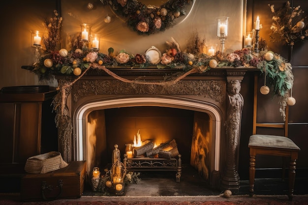 A vintage fireplace with ornaments and garlands surrounded by warm flames created with generative ai