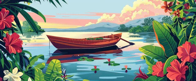 A Vintage Fishing Boat Gliding On A Serene Lake In India Cartoon style