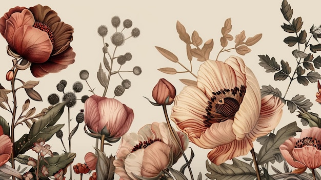 Vintage floral background with blooming anemones buds and foliage