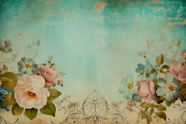 A vintage floral background with a floral border.