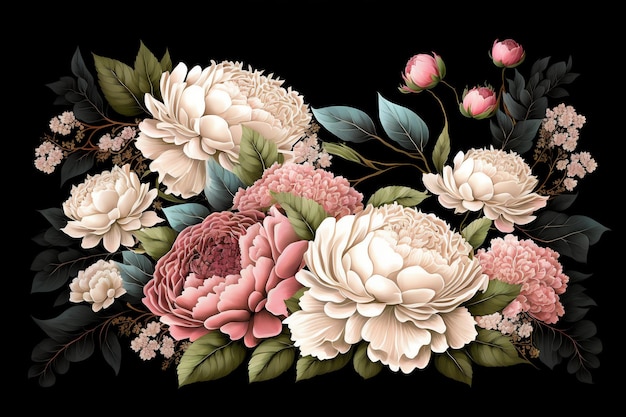 Vintage floral on black background digital painting artwork retro style