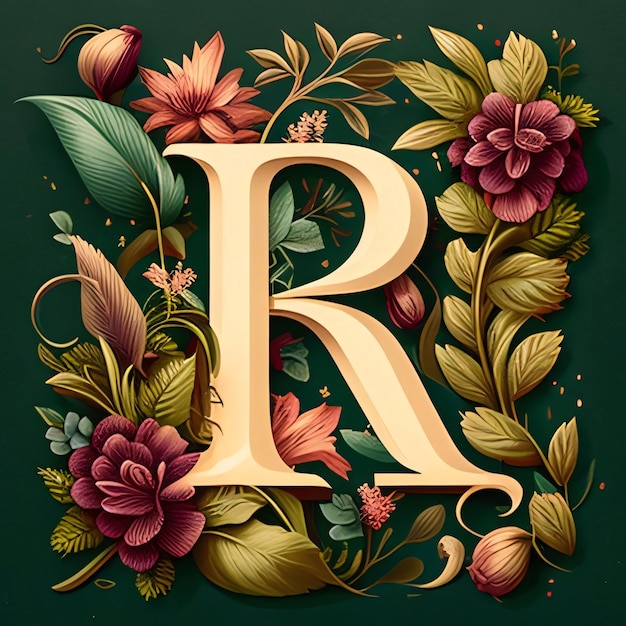 Vintage floral capital letter R with flowers leaves and berries Vector illustration