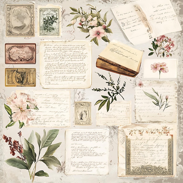 Photo vintage floral clip art with antique stamps and letters