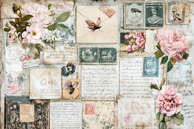 Photo vintage floral clip art with antique stamps and letters