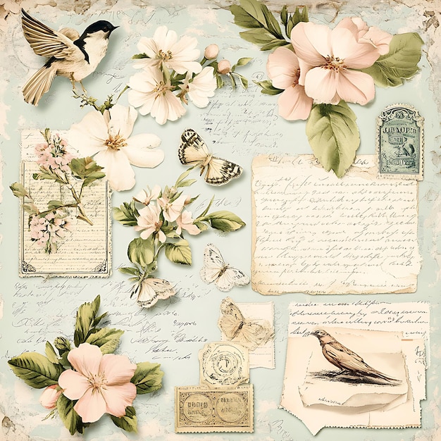 Photo vintage floral clip art with antique stamps and letters