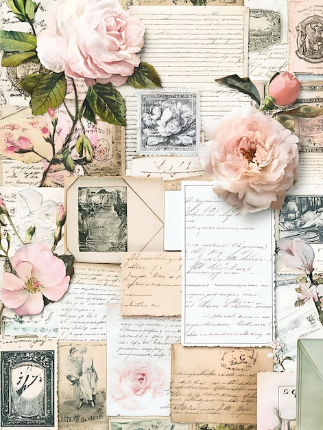 Photo vintage floral clip art with antique stamps and letters