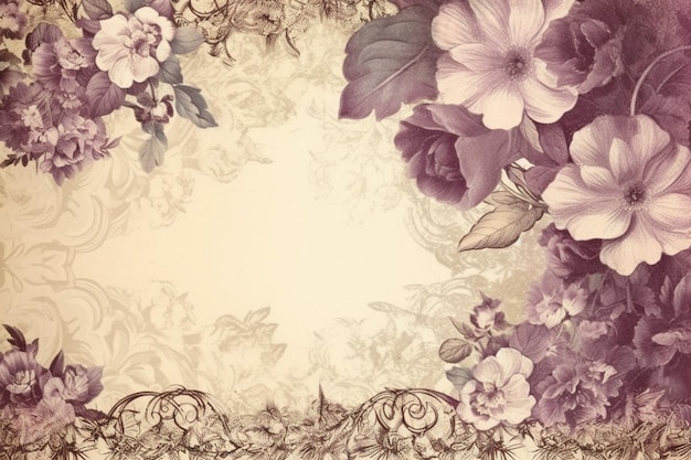 A vintage floral frame with purple flowers and leaves.