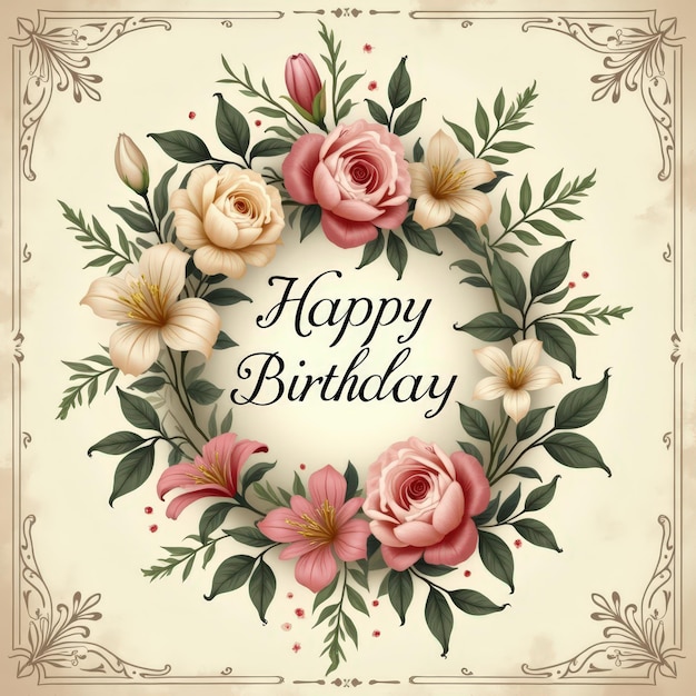 Vintage Floral Happy Birthday Card