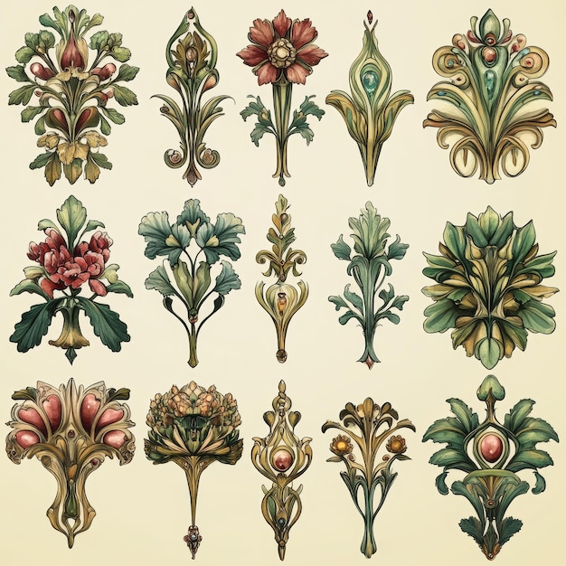 Vintage Floral Ornament Collection Art Nouveau Style Vector Illustration