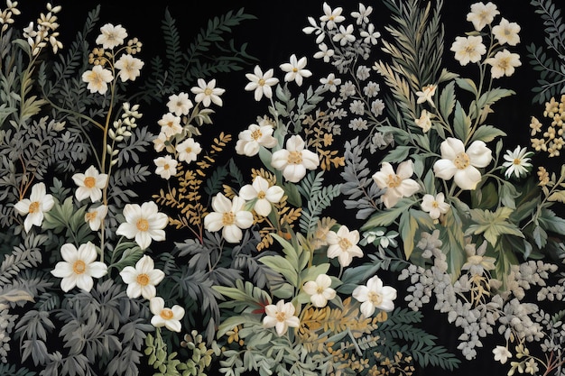 Vintage floral pattern on black background Handdrawn illustration