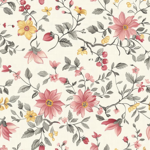 Vintage Floral Pattern soft pastel pink and grey tones with hints of peachy red and yellow flowers